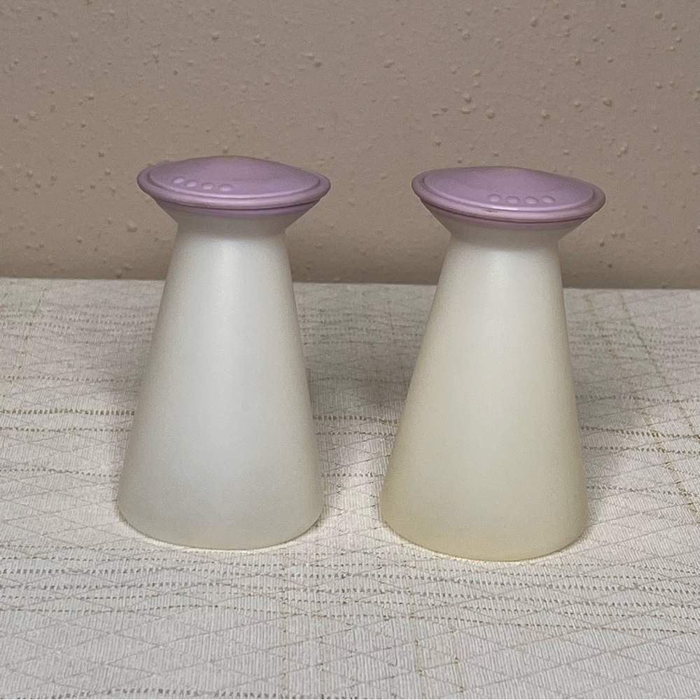 Tupperware impressions White and Purple Salt and Pepper Shakers 4” tall